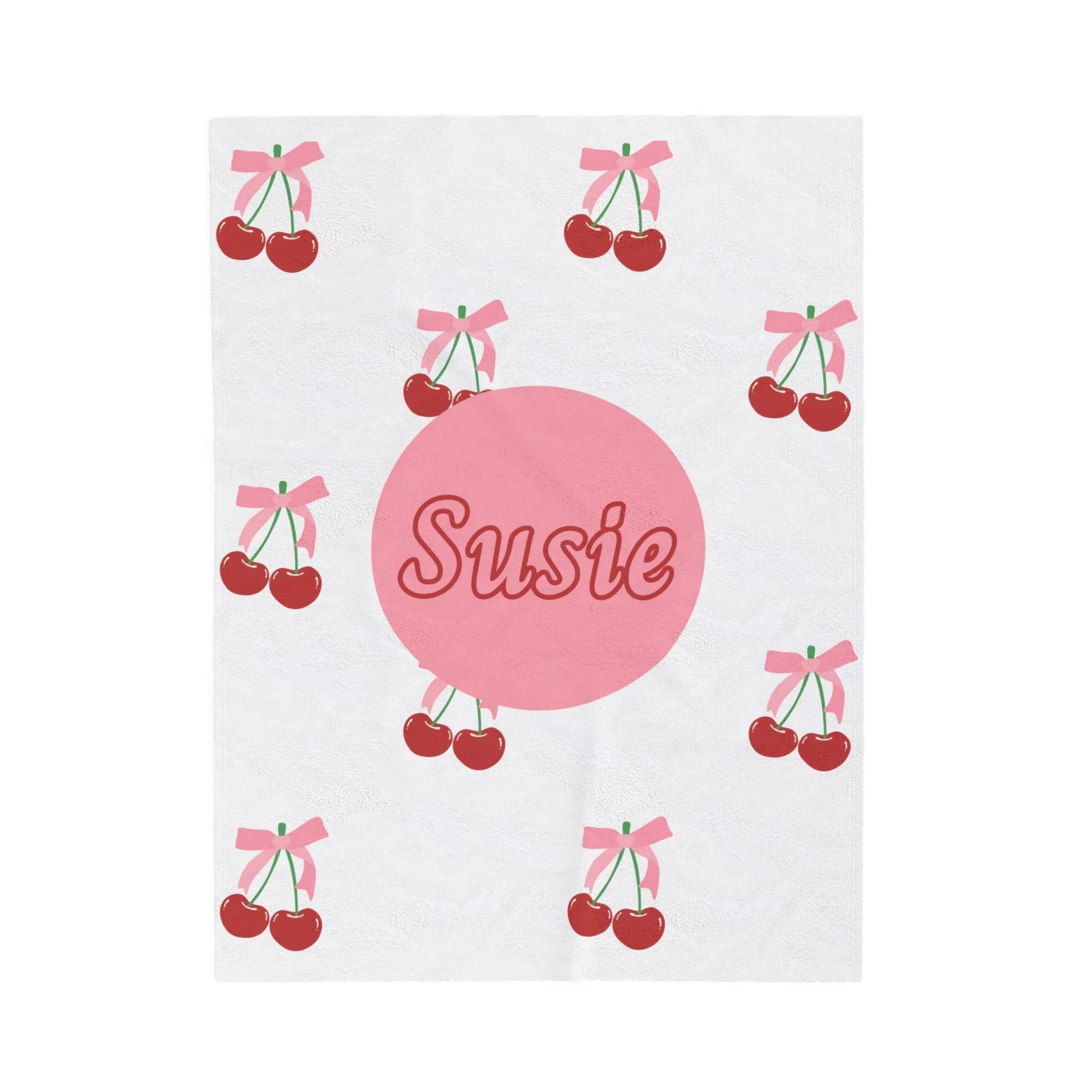 Coquette Cherries Custom Name Velveteen Plush Blanket - Personalized Coquette Home Decor - Custom Pink Coquette Throw