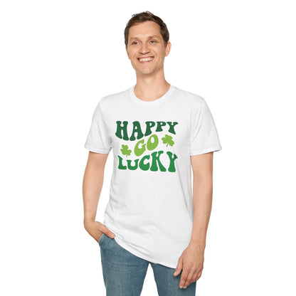 Happy Go Lucky Retro-Style St. Patrick's Day T-Shirt - Comfort & Charm - Happy Go Lucky St. Patrick's Day Shirt White Male Model