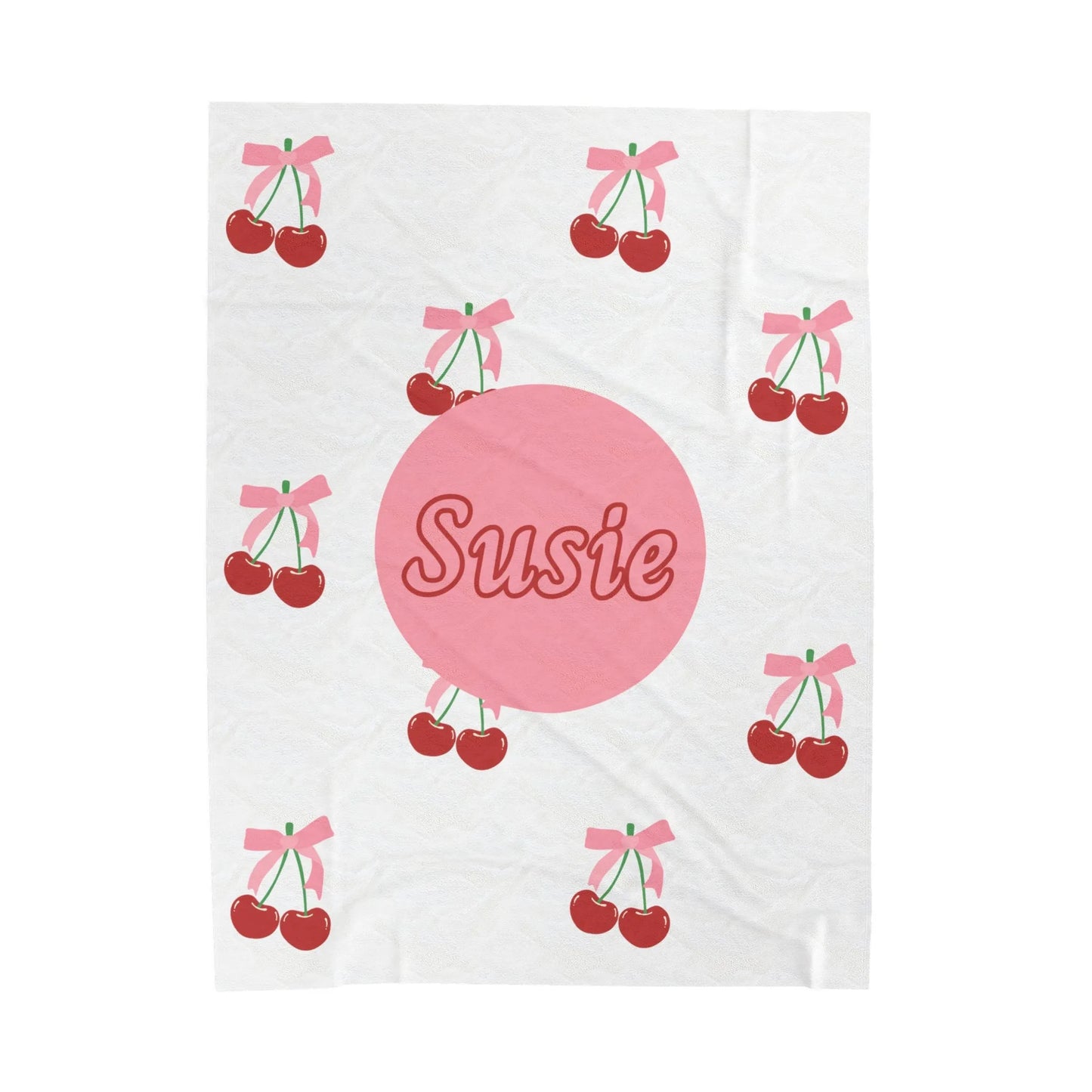 Coquette Cherries Custom Name Velveteen Plush Blanket - Personalized Coquette Home Decor - Custom Pink Coquette Throw