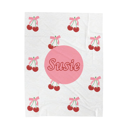 Coquette Cherries Custom Name Velveteen Plush Blanket - Personalized Coquette Home Decor - Custom Pink Coquette Throw