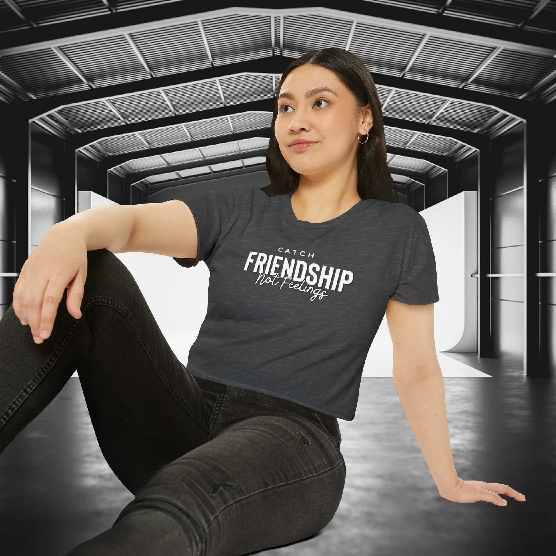 Catch Friendship Not Feelings Crop Top Charcoal