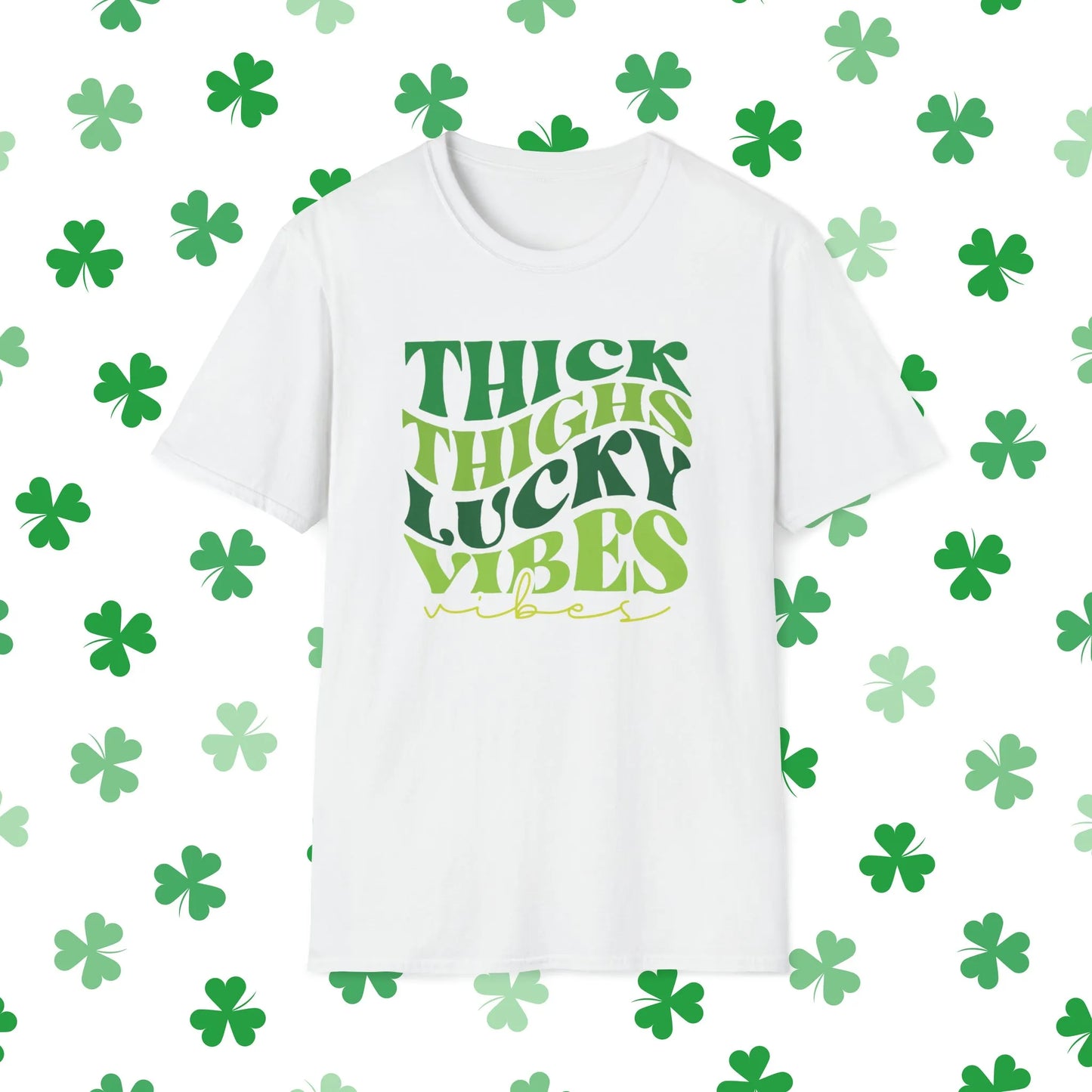 Thick Thighs Lucky Vibes Retro-Style St. Patrick's Day T-Shirt - Comfort & Charm - Thick Thighs Lucky Vibes St. Patrick's Day Shirt White