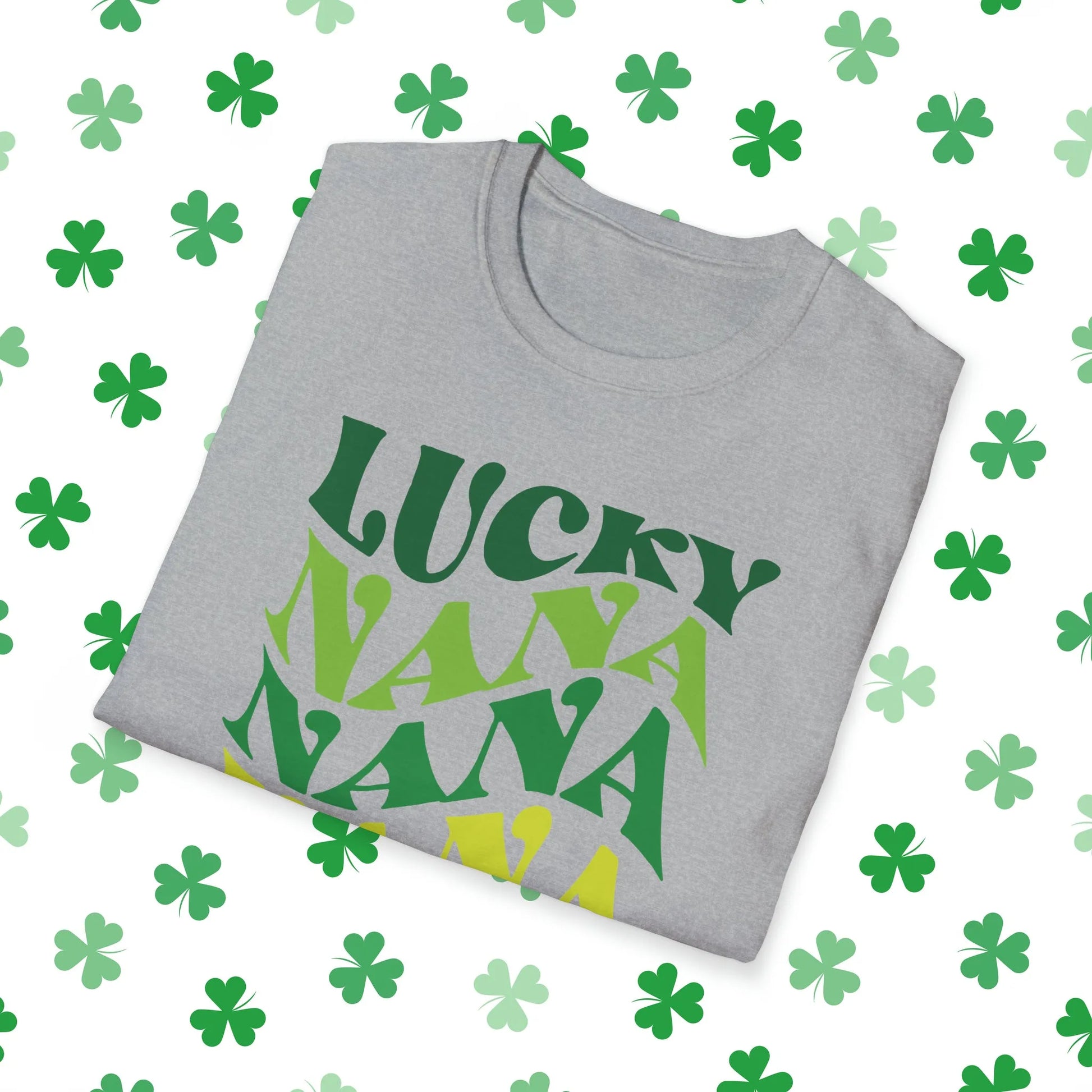 Lucky Nana Nana Nana Retro-Style St. Patrick's Day T-Shirt - Comfort & Charm - St. Patrick's Day Nana Shirt Grey Folded