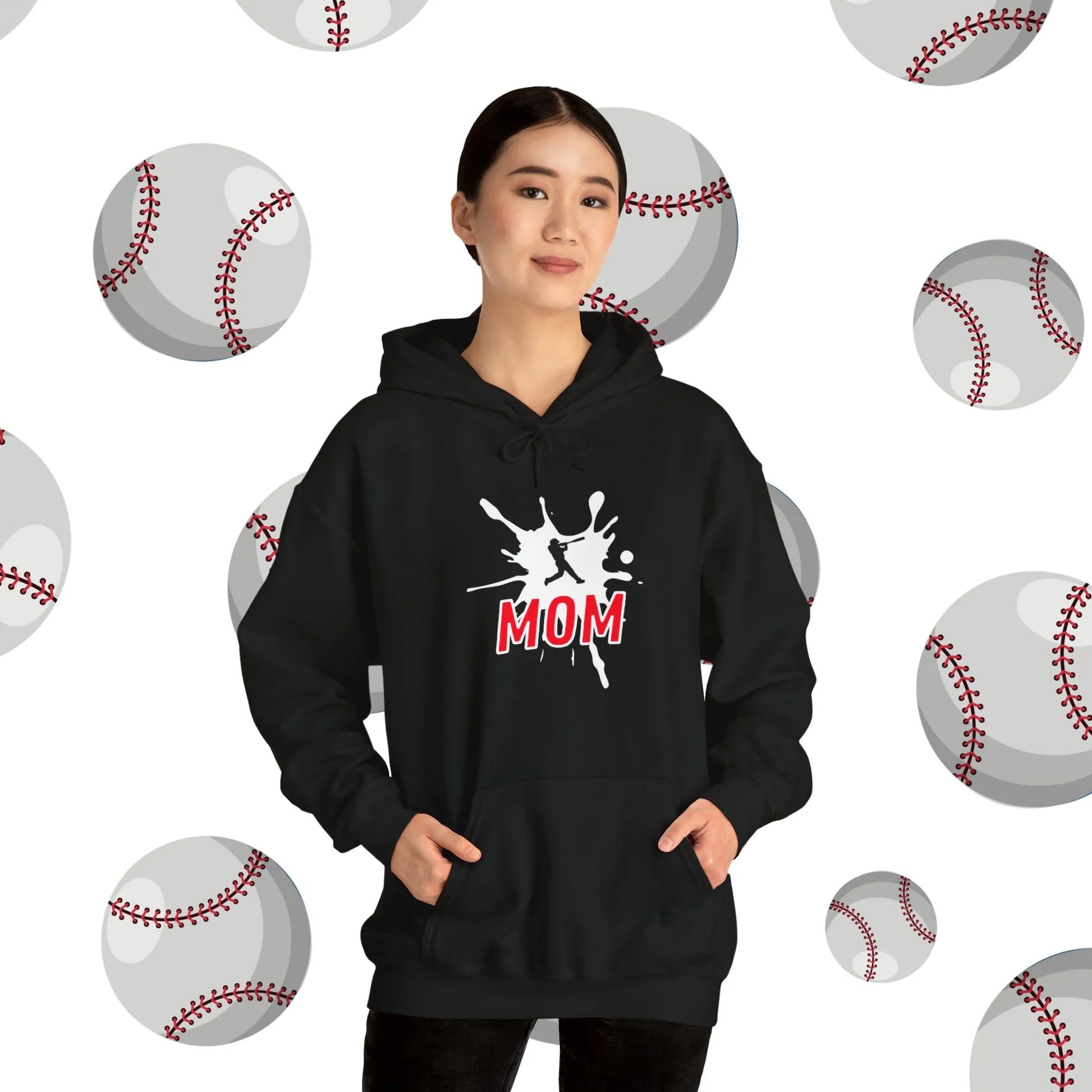 Custom Baseball Mom Hooded Sweatshirt Black Model Standing