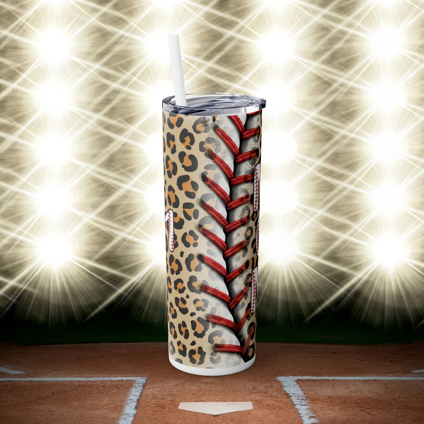 Personalized Baseball Mom Skinny Tumbler with Straw, 20oz - Leopard Print Baseball Mom Tumbler - Custom Baseball Tumbler