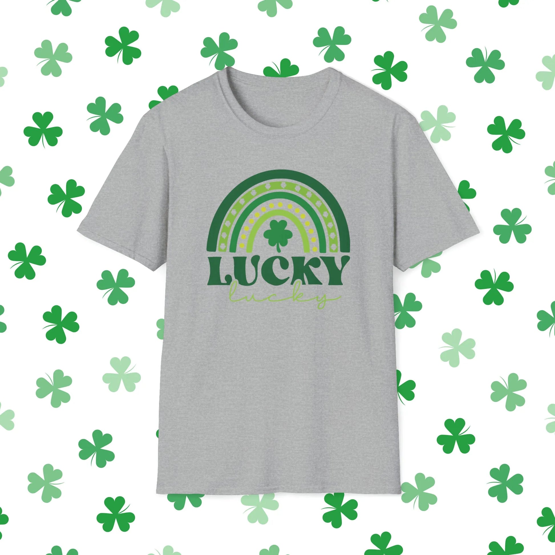 Lucky Rainbow Retro-Style St. Patrick's Day T-Shirt - Comfort & Charm - Lucky Rainbow St. Patrick's Day Shirt Grey Front