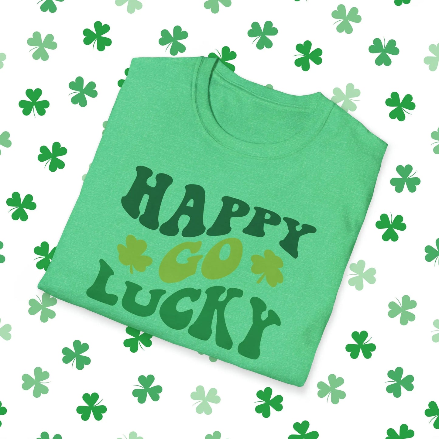 Happy Go Lucky Retro-Style St. Patrick's Day T-Shirt - Comfort & Charm - Happy Go Lucky St. Patrick's Day Shirt Green Folded