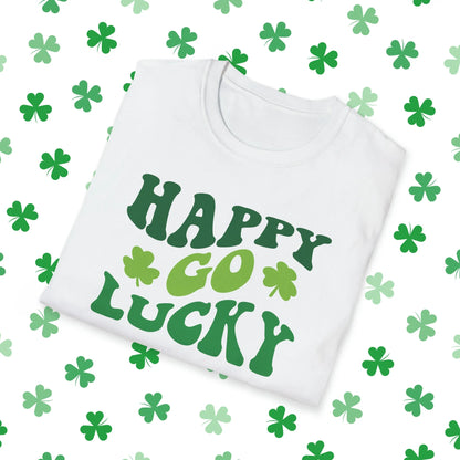 Happy Go Lucky Retro-Style St. Patrick's Day T-Shirt - Comfort & Charm - Happy Go Lucky St. Patrick's Day Shirt White Folded