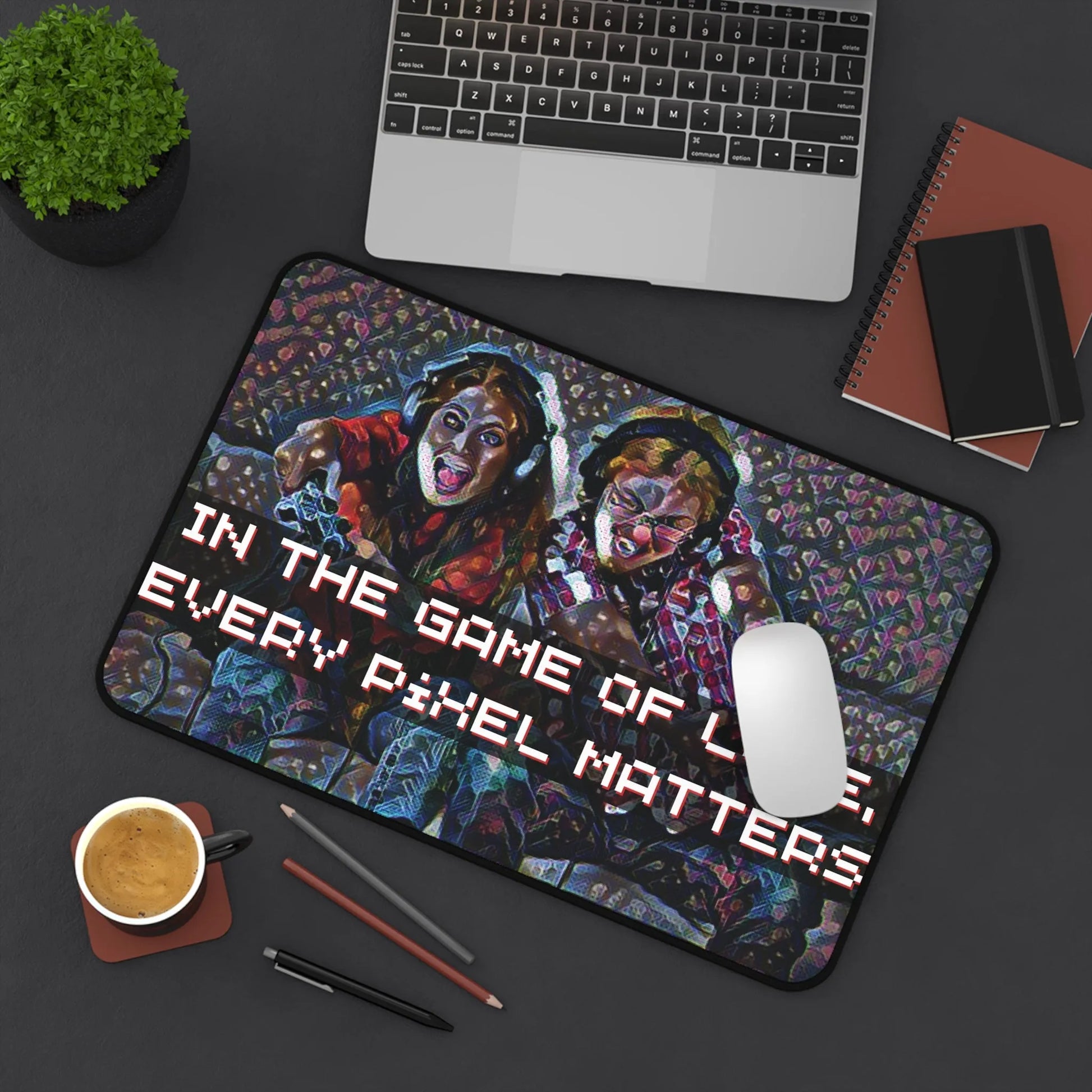 'In The Game Of Love, Every Pixel Matters' Personalized Gaming Photo Desk Mat -  Level Up Your Gaming Space with Customized Gaming Desk Mat – Personalized Style for Avid Gamers medium on desk