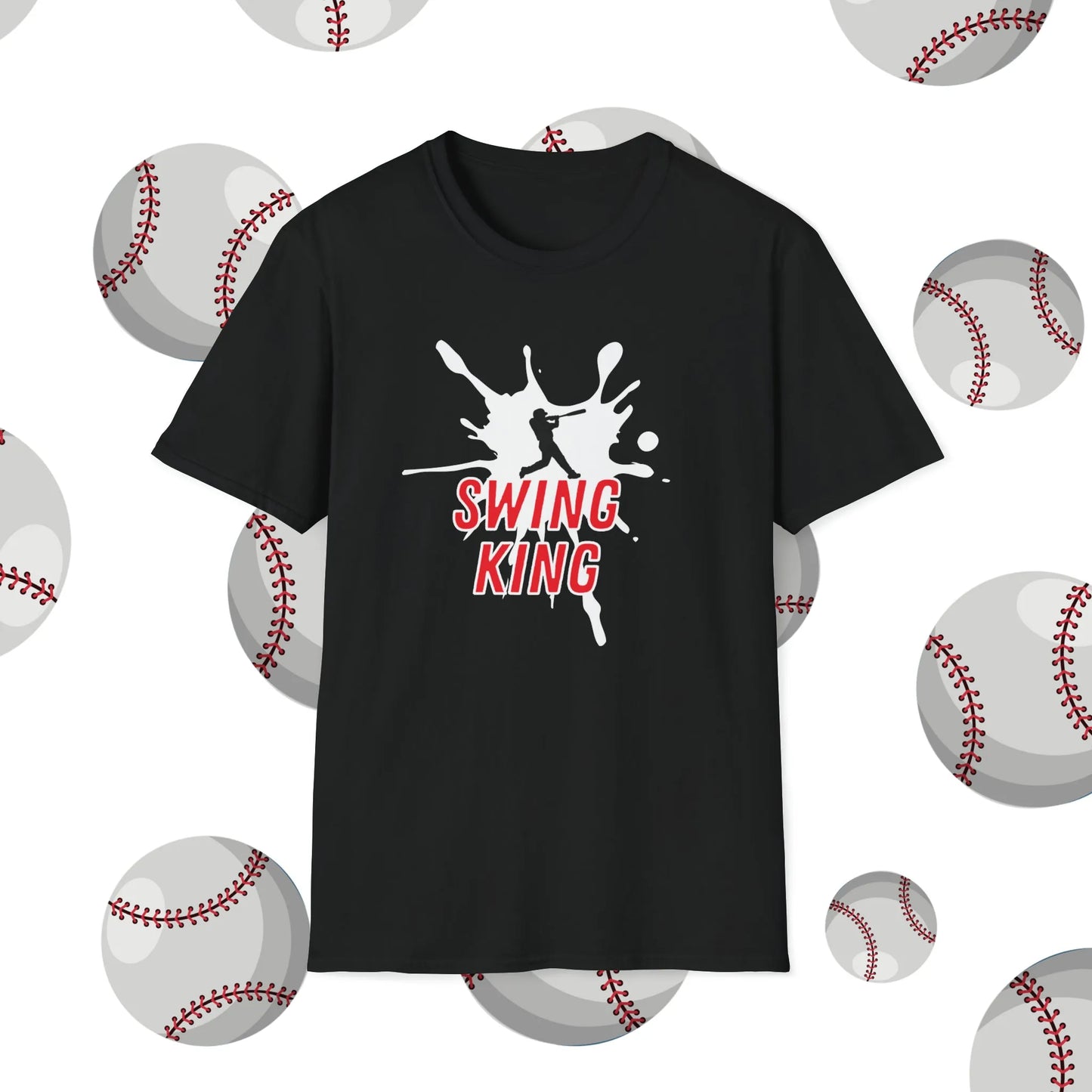 Custom Baseball Shirt - Swing King Baseball Player Soft-Style T-Shirt Black Shirt Front