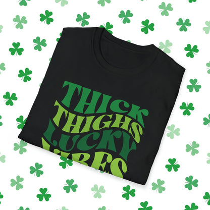 Thick Thighs Lucky Vibes Retro-Style St. Patrick's Day T-Shirt - Comfort & Charm - Thick Thighs Lucky Vibes St. Patrick's Day Shirt