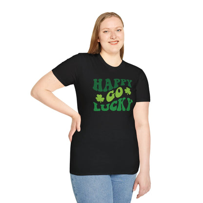 Happy Go Lucky Retro-Style St. Patrick's Day T-Shirt - Comfort & Charm - Happy Go Lucky St. Patrick's Day Shirt Black Female Model