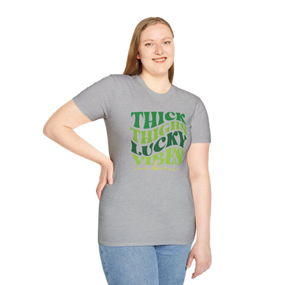 Thick Thighs Lucky Vibes Retro-Style St. Patrick's Day T-Shirt - Comfort & Charm - Thick Thighs Lucky Vibes St. Patrick's Day Shirt Grey Model