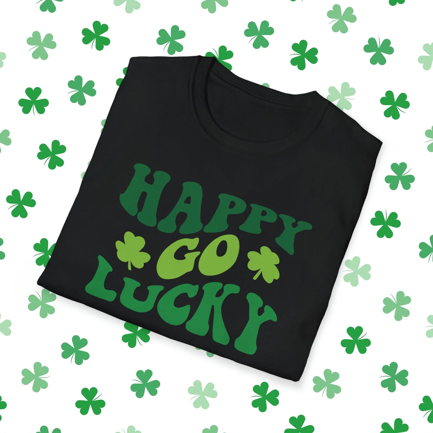 Happy Go Lucky Retro-Style St. Patrick's Day T-Shirt - Comfort & Charm - Happy Go Lucky St. Patrick's Day Shirt Black Folded