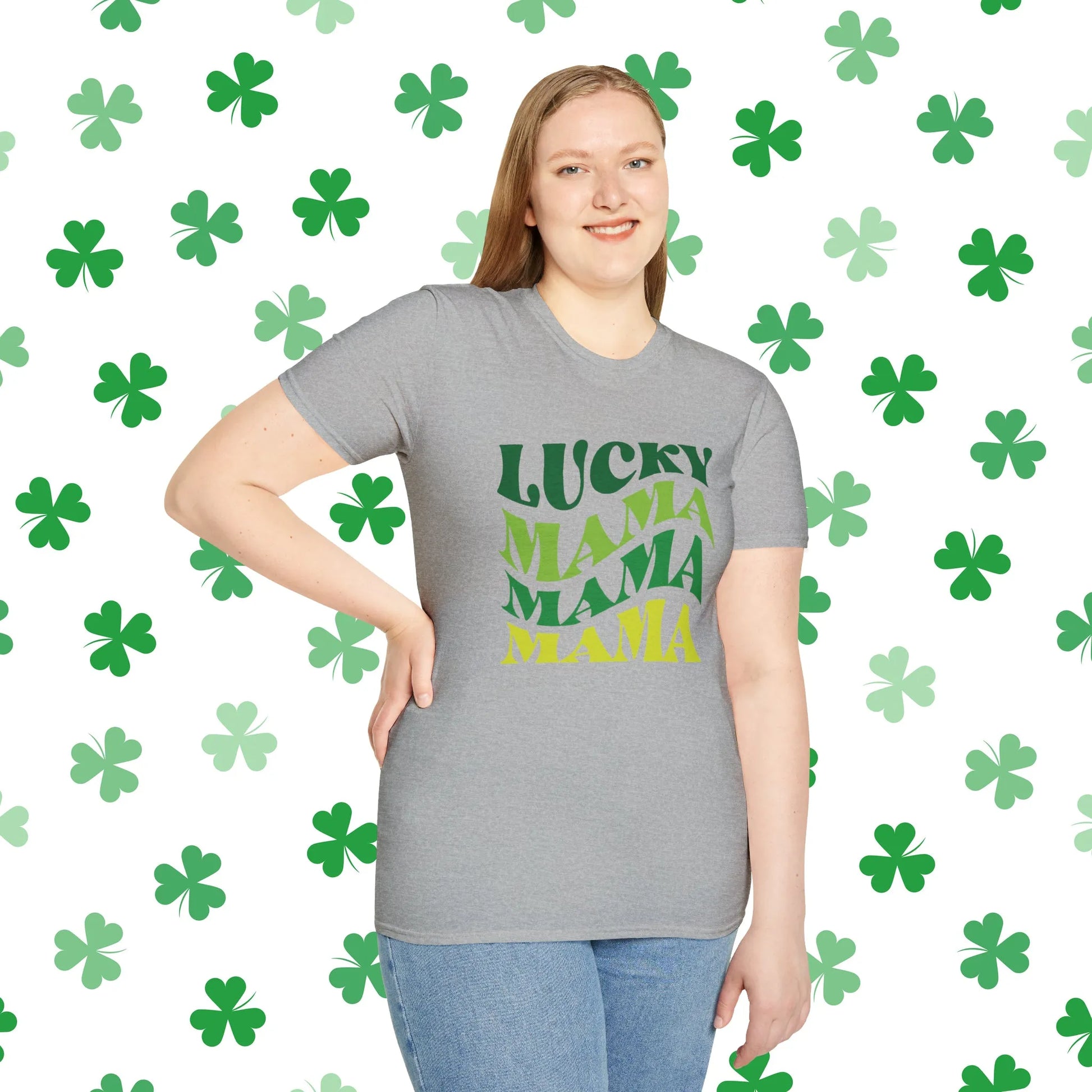 Lucky Mama Mama Mama Retro-Style St. Patrick's Day T-Shirt - Comfort & Charm - St. Patrick's Day Mom Shirt Grey