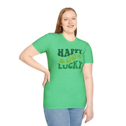 Happy Go Lucky Retro-Style St. Patrick's Day T-Shirt - Comfort & Charm - Happy Go Lucky St. Patrick's Day Shirt Green Female Model