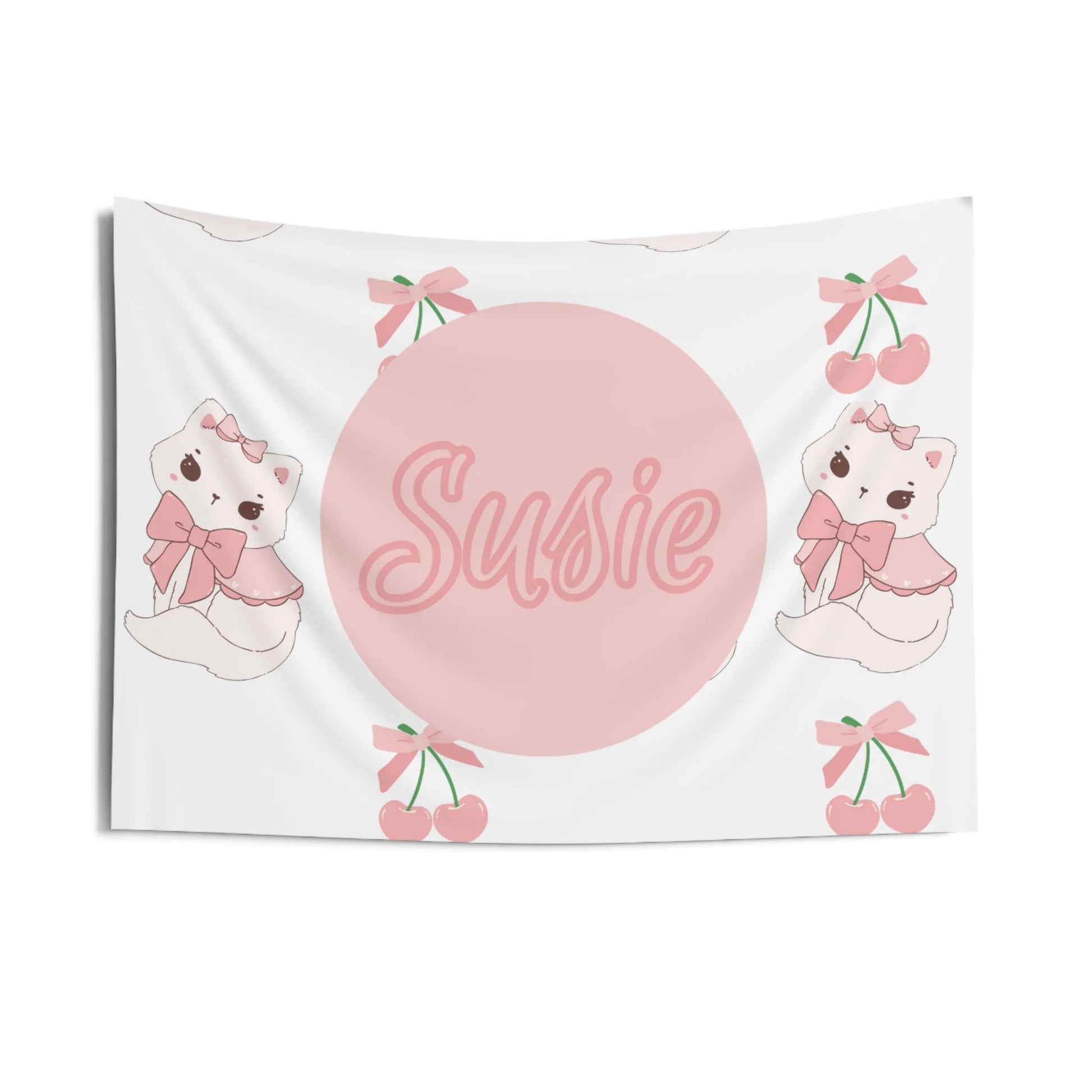 Coquette Kittens & Cherries Custom Name Wall Tapestry - Coquette Aesthetic Wall Banner - Custom Coquette Tapestry - Pink Coquette Home Decor