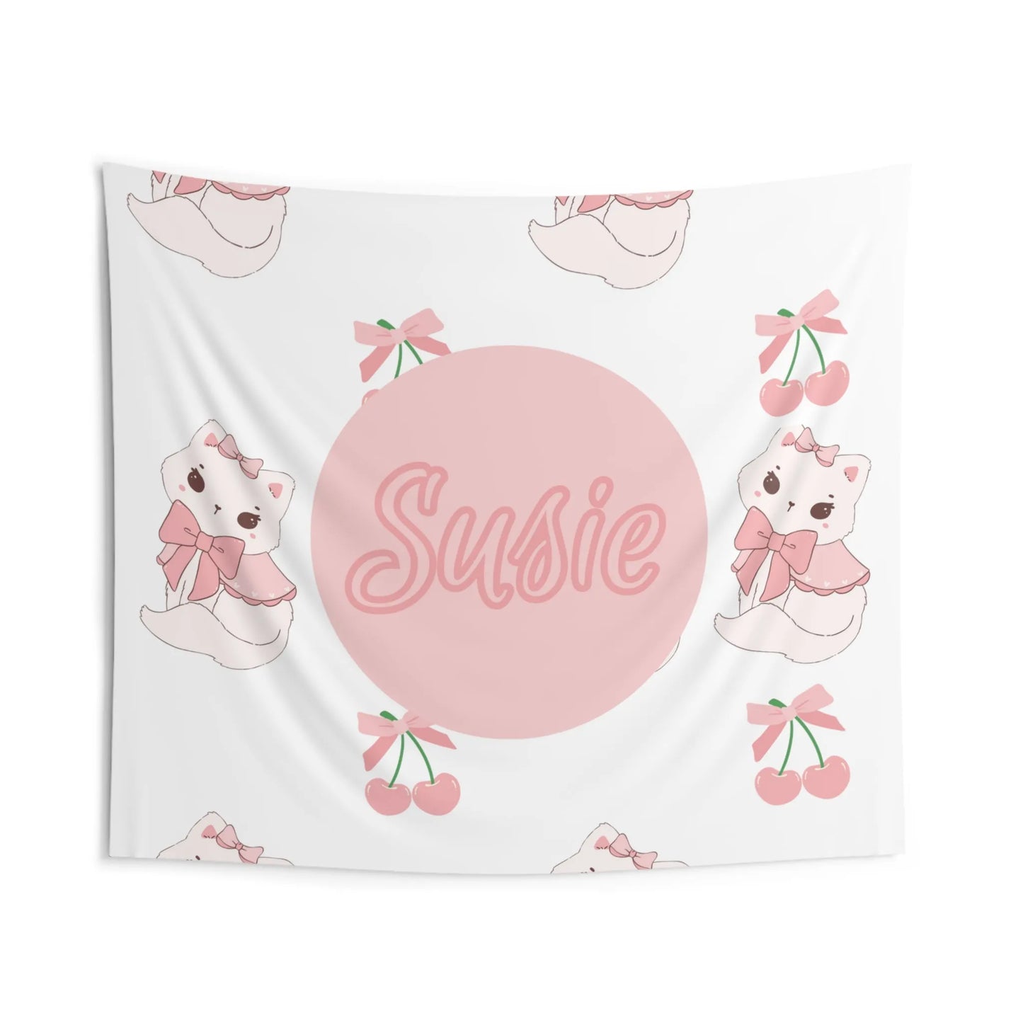 Coquette Kittens & Cherries Custom Name Wall Tapestry - Coquette Aesthetic Wall Banner - Custom Coquette Tapestry - Pink Coquette Home Decor