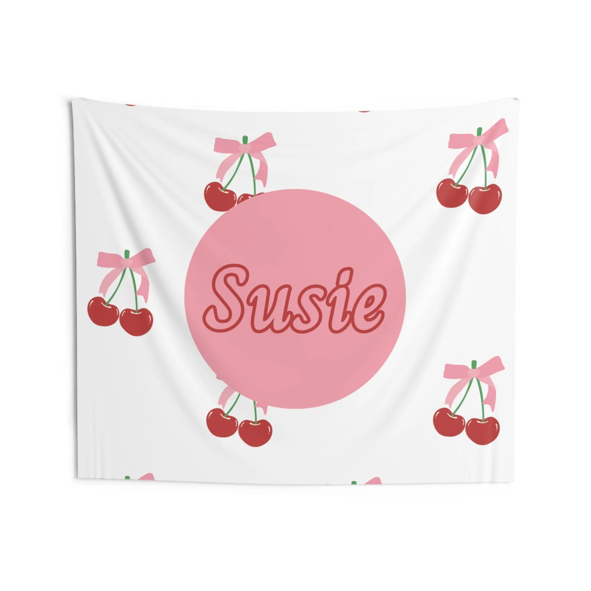 Coquette Cherries Custom Name Wall Tapestry - Coquette Aesthetic Wall Banner - Custom Coquette Tapestry - Pink Coquette Home Decor