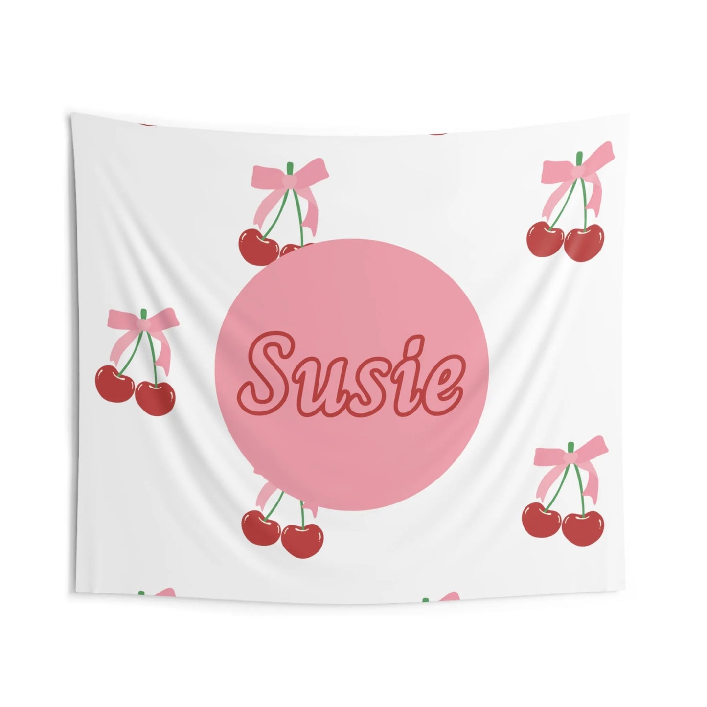 Coquette Cherries Custom Name Wall Tapestry - Coquette Aesthetic Wall Banner - Custom Coquette Tapestry - Pink Coquette Home Decor