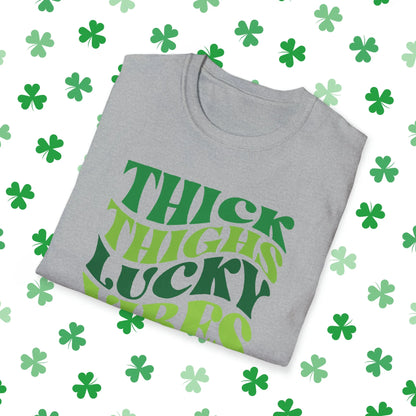 Thick Thighs Lucky Vibes Retro-Style St. Patrick's Day T-Shirt - Comfort & Charm - Thick Thighs Lucky Vibes St. Patrick's Day Shirt Grey Folded