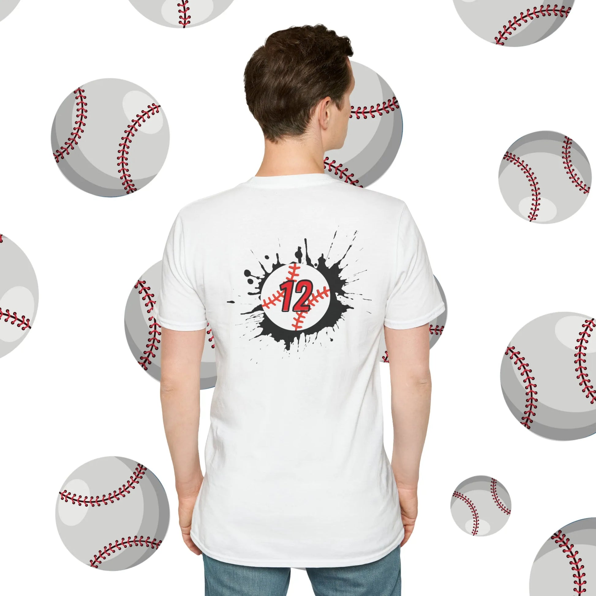 Custom Baseball Shirt - Swing King Baseball Player Soft-Style T-Shirt White Shirt Back Model