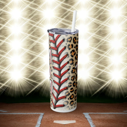 Personalized Baseball Mom Skinny Tumbler with Straw, 20oz Side Stitches Leopard Print