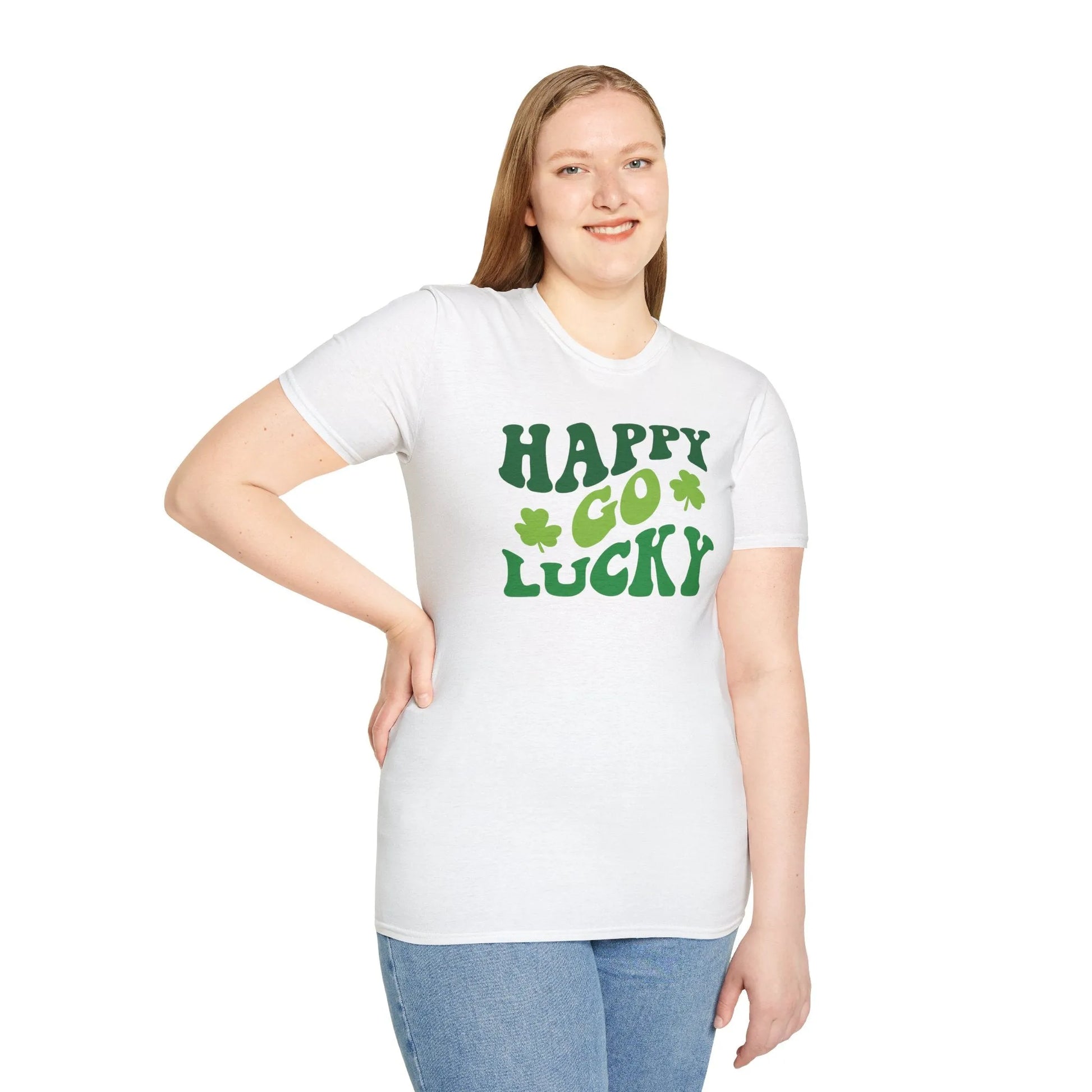 Happy Go Lucky Retro-Style St. Patrick's Day T-Shirt - Comfort & Charm - Happy Go Lucky St. Patrick's Day Shirt White Model