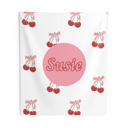 Coquette Cherries Custom Name Wall Tapestry - Coquette Aesthetic Wall Banner - Custom Coquette Tapestry - Pink Coquette Home Decor