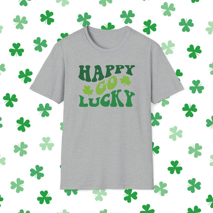 Happy Go Lucky Retro-Style St. Patrick's Day T-Shirt - Comfort & Charm - Happy Go Lucky St. Patrick's Day Shirt Grey