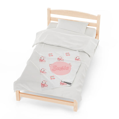 Coquette Kittens & Cherries Custom Name Velveteen Plush Blanket - Pink Coquette Throw Blanket - Coquette Kitten & Cherries Throw Blanket