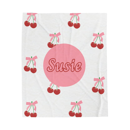 Coquette Cherries Custom Name Velveteen Plush Blanket - Personalized Coquette Home Decor - Custom Pink Coquette Throw