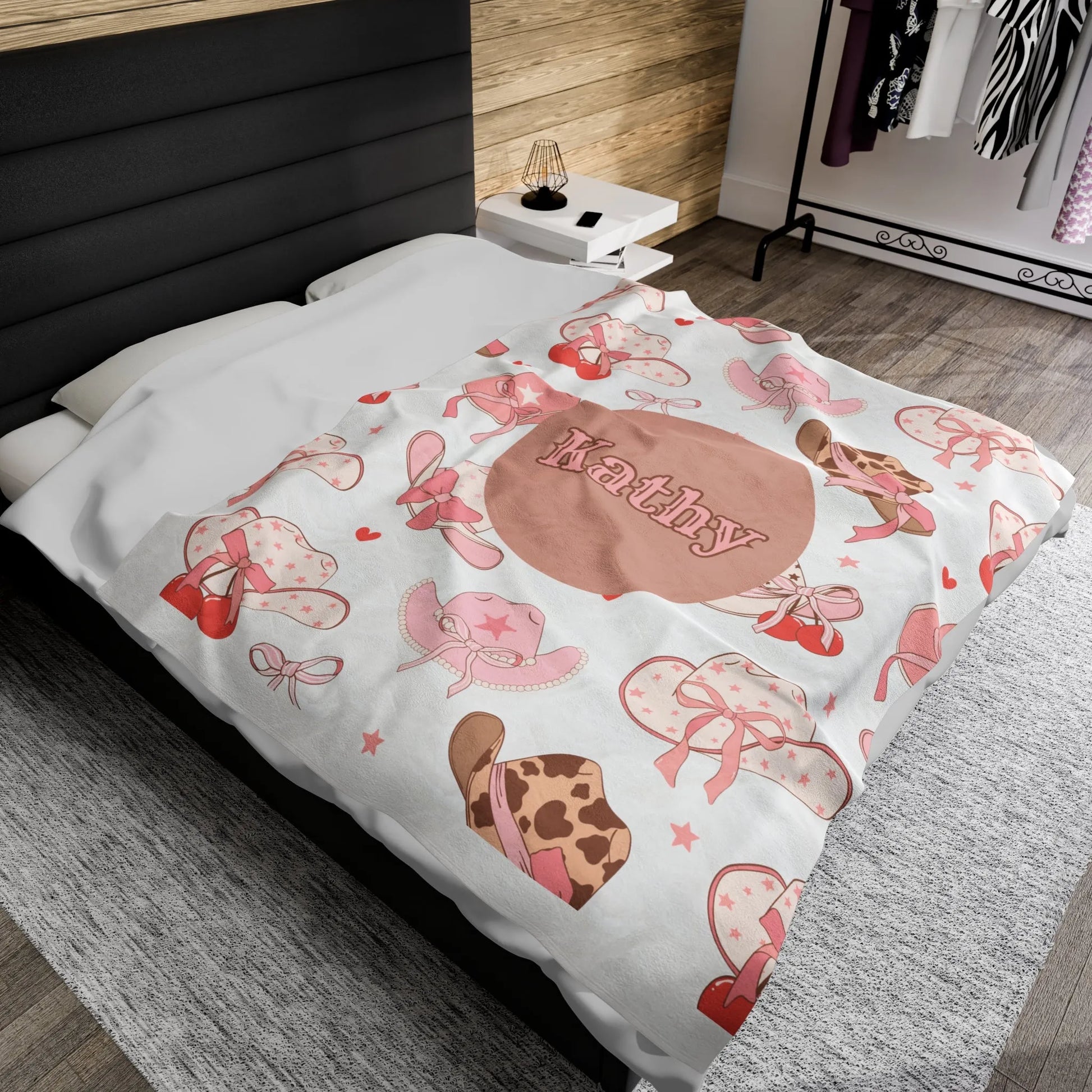 Coquette Cowgirl Velveteen Plush Name Blanket - Pink Coquette Western Blanket - Coquette Aesthetic Throw Blanket