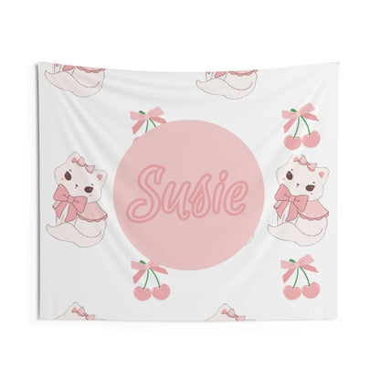 Coquette Kittens & Cherries Custom Name Wall Tapestry - Coquette Aesthetic Wall Banner - Custom Coquette Tapestry - Pink Coquette Home Decor