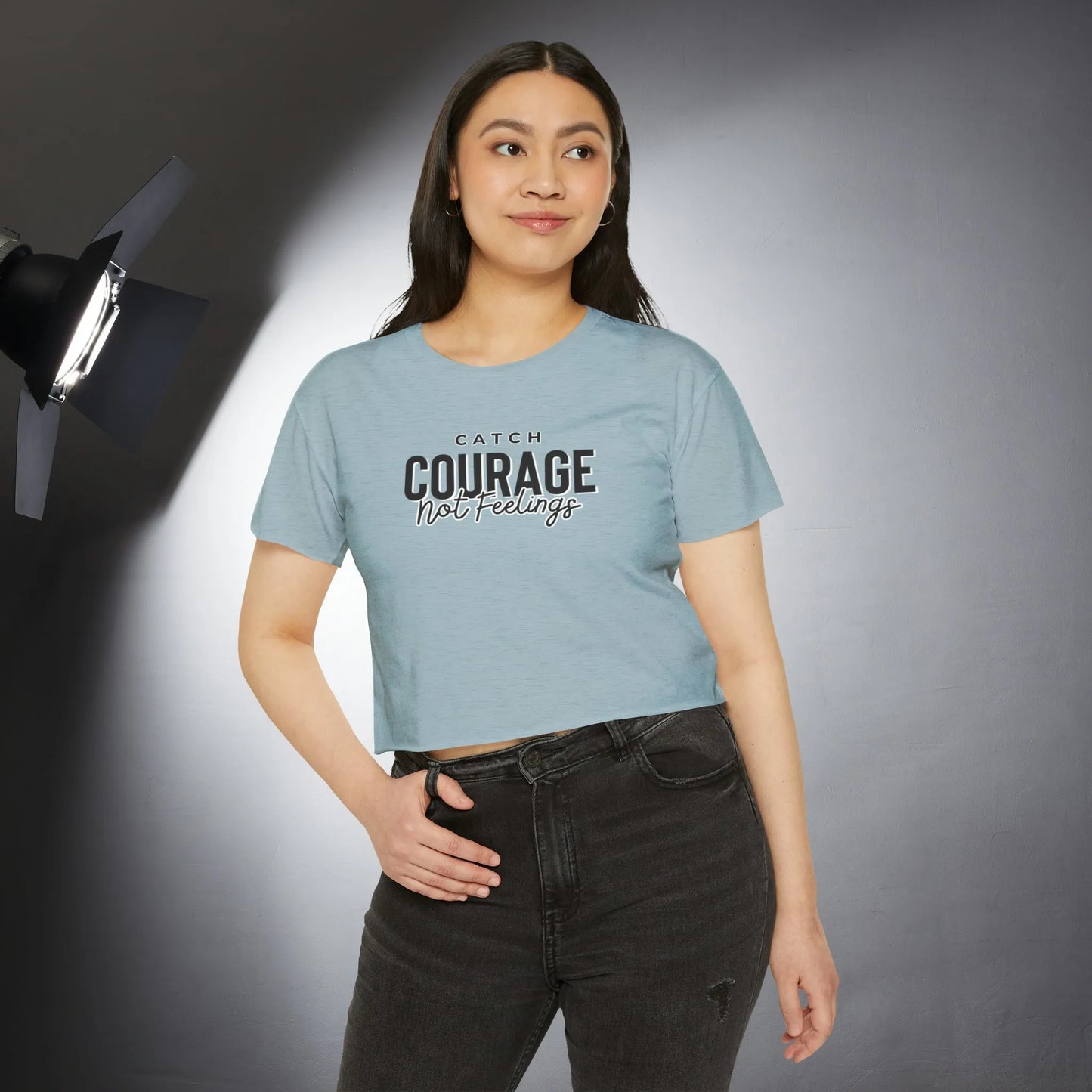 Catch Courage Not Feelings Crop Top - Trendy Women's Top Stonewash Denim