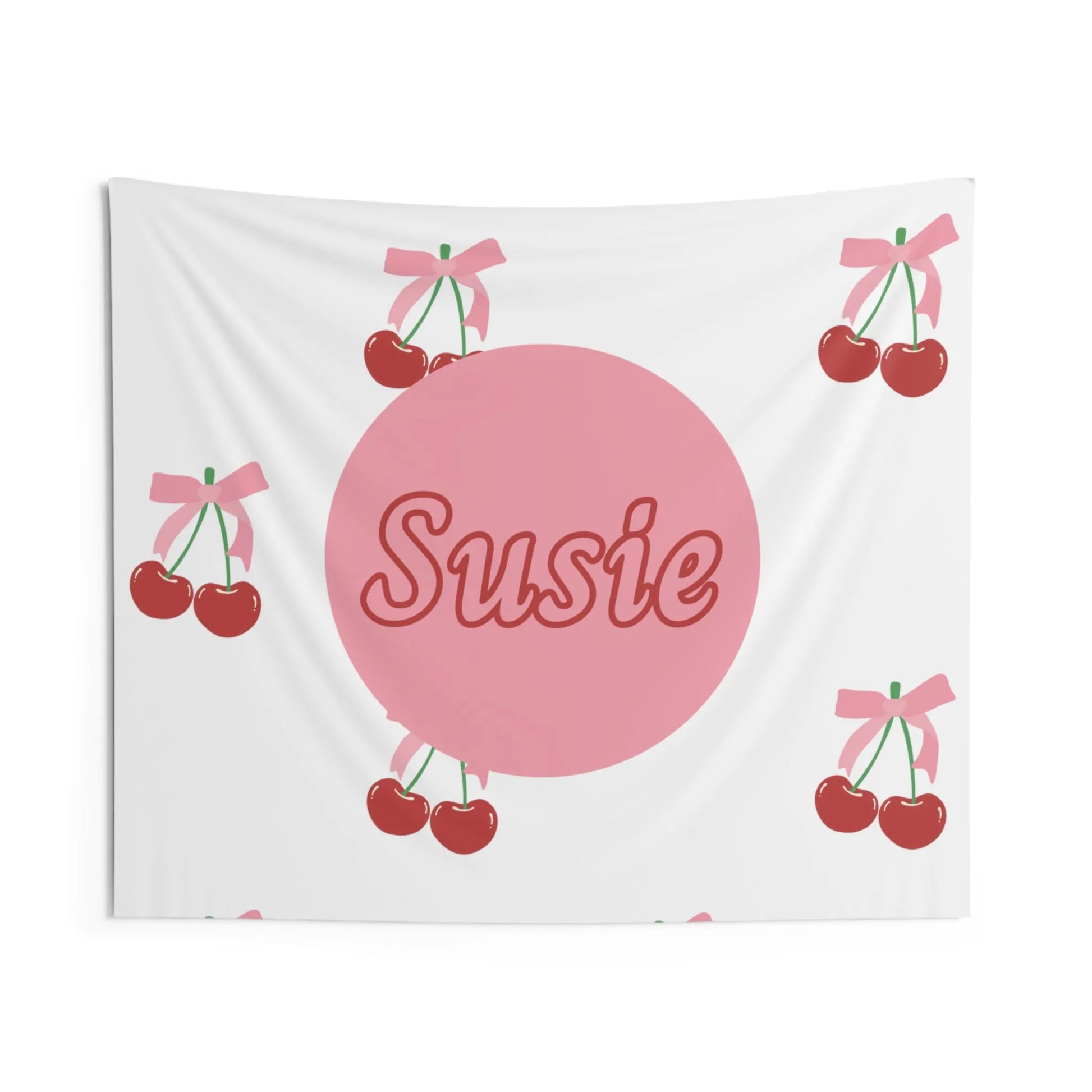 Coquette Cherries Custom Name Wall Tapestry - Coquette Aesthetic Wall Banner - Custom Coquette Tapestry - Pink Coquette Home Decor