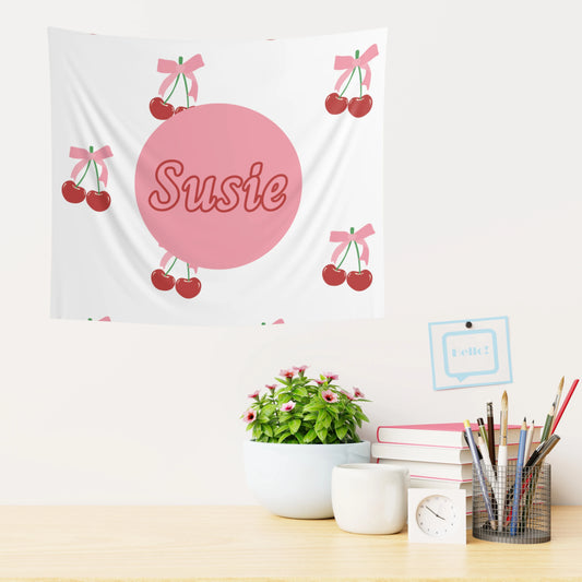 Coquette Cherries Custom Name Wall Tapestry - Coquette Aesthetic Wall Banner - Custom Coquette Tapestry - Pink Coquette Home Decor - Personalize It Toledo
