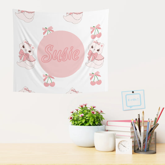 Coquette Kittens & Cherries Custom Name Wall Tapestry - Coquette Aesthetic Wall Banner - Custom Coquette Tapestry - Pink Coquette Home Decor - Personalize It Toledo