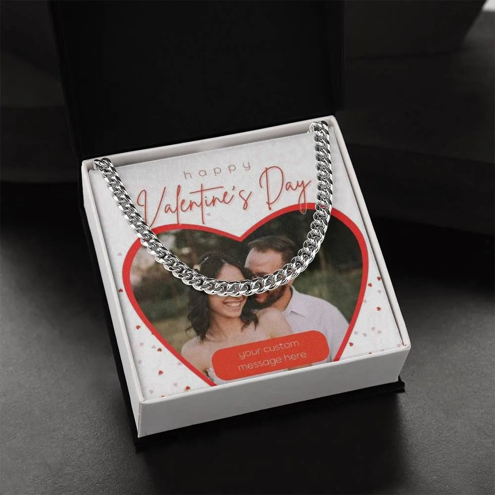 Happy Valentine's Day Cuban Link Chain Necklace With Photo Card