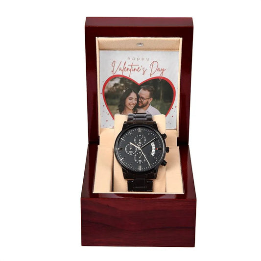 Happy Valentine's Day Black Chronograph Watch With Photo Card - Men's Black Chronograph Watch