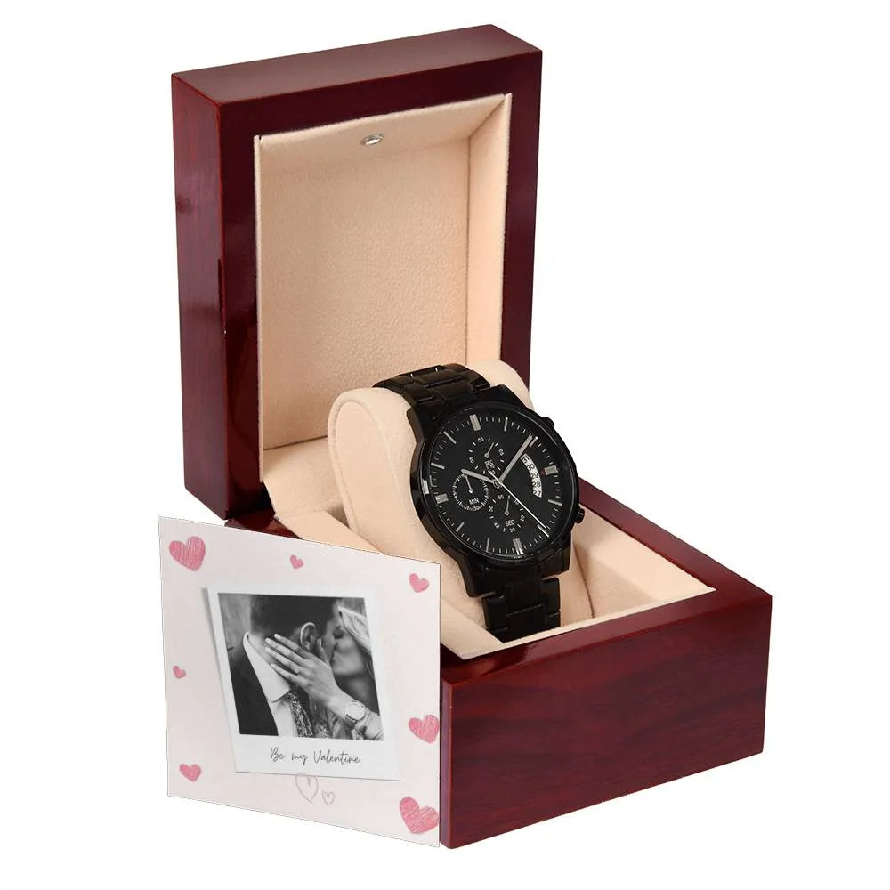 Be My Valentine Engraved Chronograph Watch With Photo Card - Men's Chronograph Engraved Watch  - Engraved Men's Watch