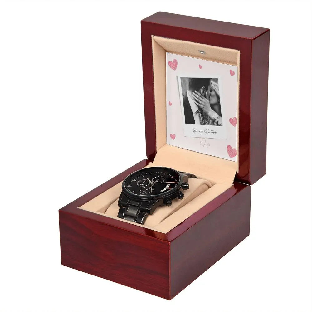Be My Valentine Black Chronograph Watch Luxury Box Side View