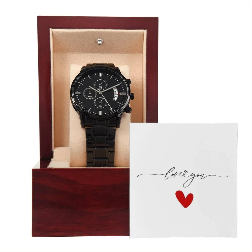 Love You Black Chronograph Watch - Men's Black Chronograph Watch - Men's Watch - Box Card Outside