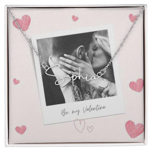 Be My Valentine Signature Style Name Necklace With Photo Box Card