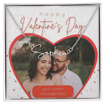 Happy Valentine's Day Signature Style Name Necklace With Photo Card
