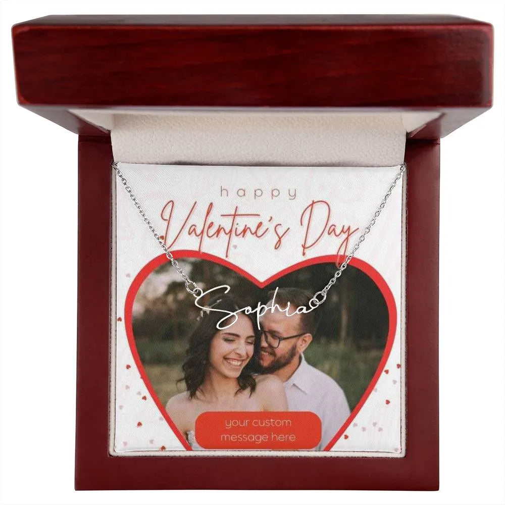 Happy Valentine's Day Signature Style Name Necklace With Photo Card