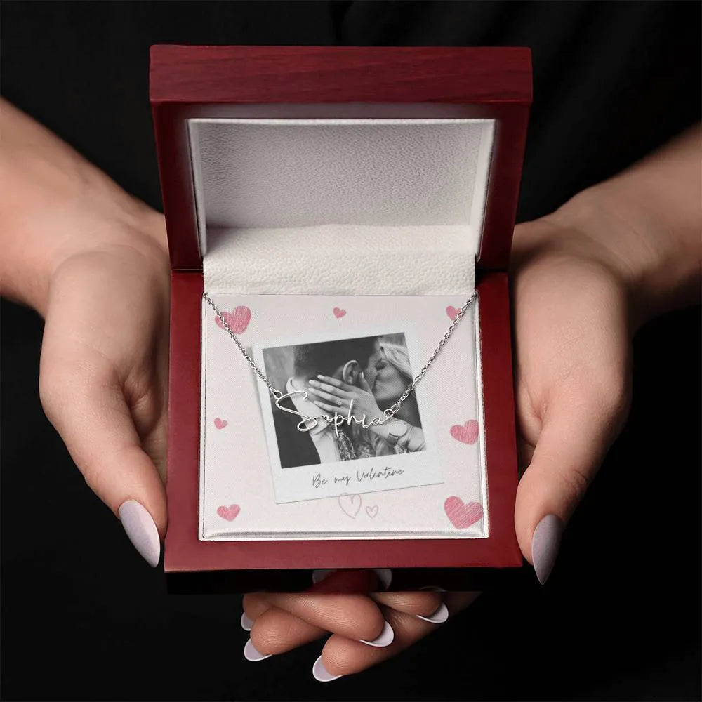 Be My Valentine Signature Style Name Necklace With Photo Box Card