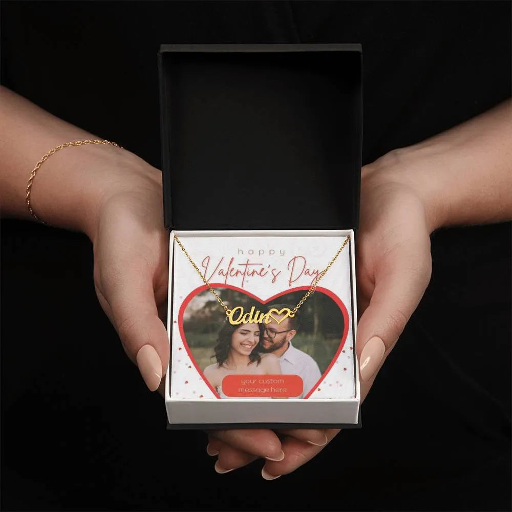 Happy Valentine's Day Name Heart Necklace With Photo Card