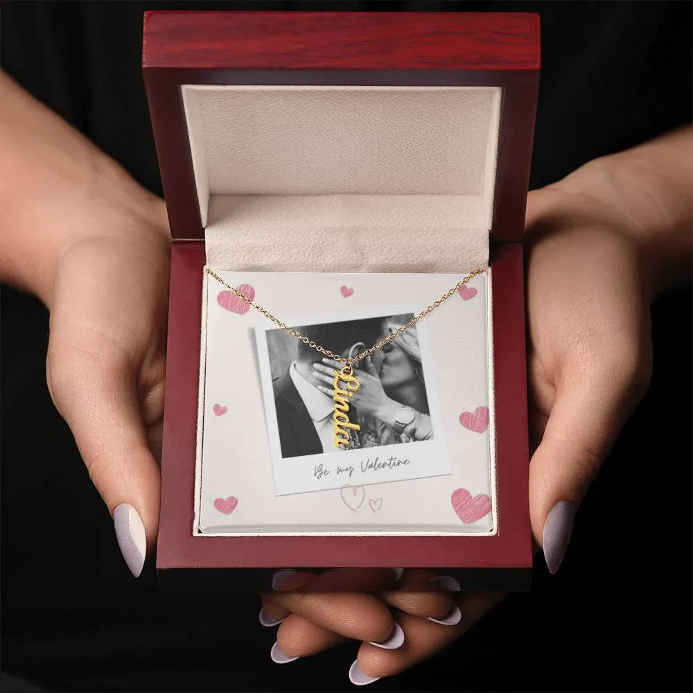 Be My Valentine Vertical Name Necklace With Photo Box Card