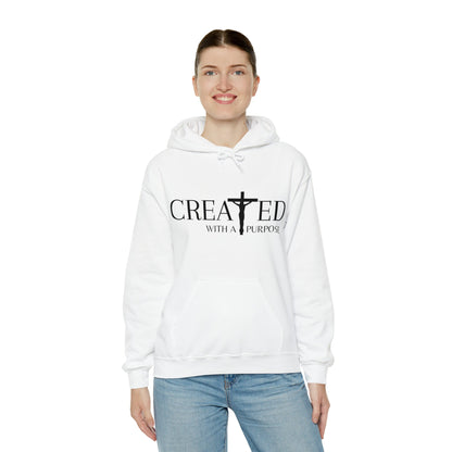 Created With A Purpose Religious Hoodie, Faith Based Hooded Sweatshirt, Christian Tee, Catholic T-Shirt, Faith, Jesus, God, Church Apparel - Lady Model Front View